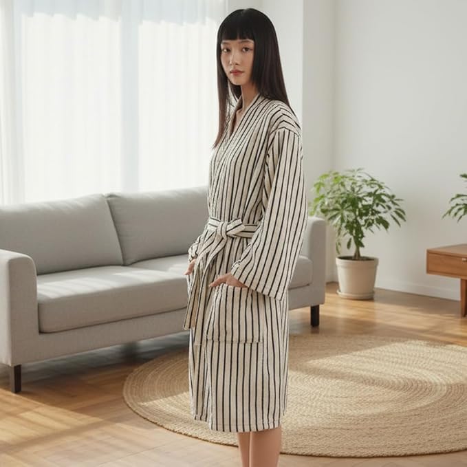 Cotton Terry Stripe Bathrobe For Women And Men,Luxury Kimono Soft Terry Cloth Robe,Comfortable Loungewear Nightwear