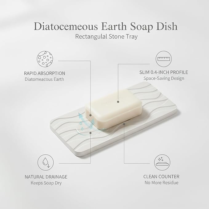 Diatomaceous Earth Soap Dish, Rectangular Stone Bar Soap Holder for Bathroom Sink & Shower, Absorbent Tray (8.7 x 3.5 Inch)