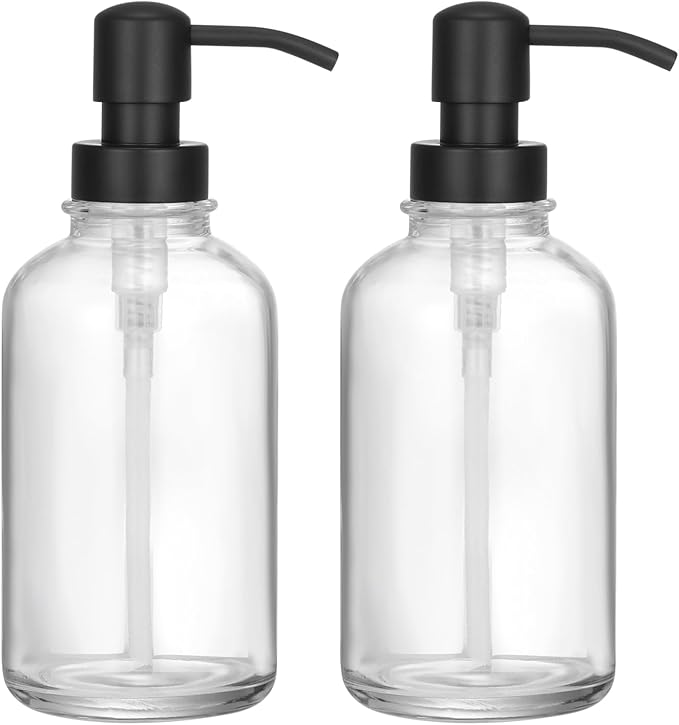 2-Pack Clear Glass Soap Dispensers with Matte Black Stainless Steel Pumps, 17 oz Refillable Bottles for Kitchen & Bathroom (17oz-Black Pump)