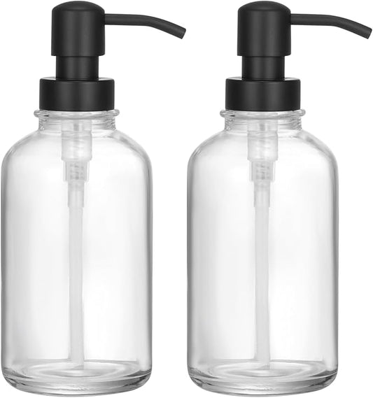 2-Pack Clear Glass Soap Dispensers with Matte Black Stainless Steel Pumps, 17 oz Refillable Bottles for Kitchen & Bathroom (17oz-Black Pump)