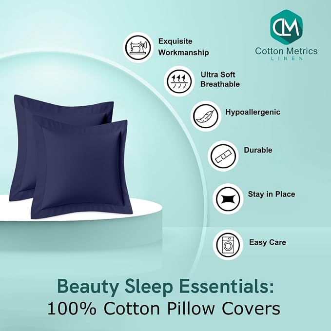 2 Pack Euro Pillow Shams 24x24 – 600 Thread Count 100% Organic Cotton Navy Blue Square Pillow Covers with 2 Inch Flange, Soft & Smooth Premium Hotel-Quality Pillowcases Set of 2