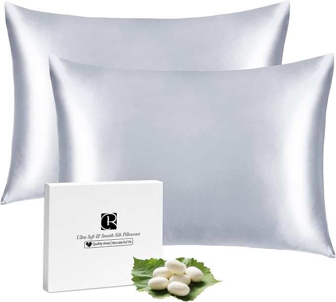 Ravmix Silk Pillow Cases 2 Pack with Zipper, 21momme Mulberry Silk Pillowcase for Hair Skin, Soft Smooth Breathable Cool Pillow Cover for Beauty Sleep with Gift Box(Queen 20"x30", Silver Grey)