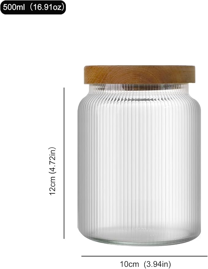 500ml/16.91Oz Airtight Glass Food Storage Jars with Lids - Stacable Glass Containers - Spice Jars with Wood Lids - Kitchen Canisters for Tea,Coffee,Sugar,Cereal