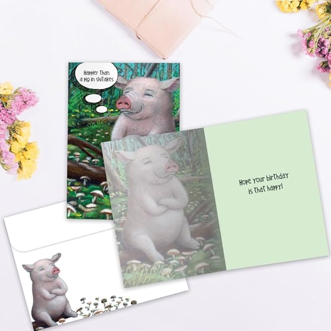 Tree-Free Greetings - Birthday Card - Artful Designs - 1 Card + Matching Envelope - Made in USA - 100% Recycled Paper - 5 x 7 - Pig in Shitakes (VO69631)