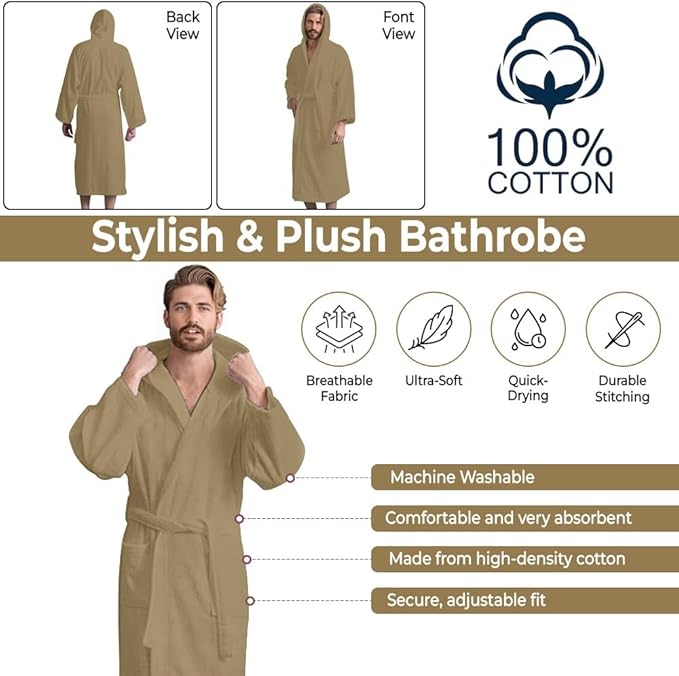 Men’s Hooded Bathrobe, 100% Cotton Terry Bathrobe, Spa Style Bath Robe, Absorbent Shower Robe, Lightweight Towel Bathrobes
