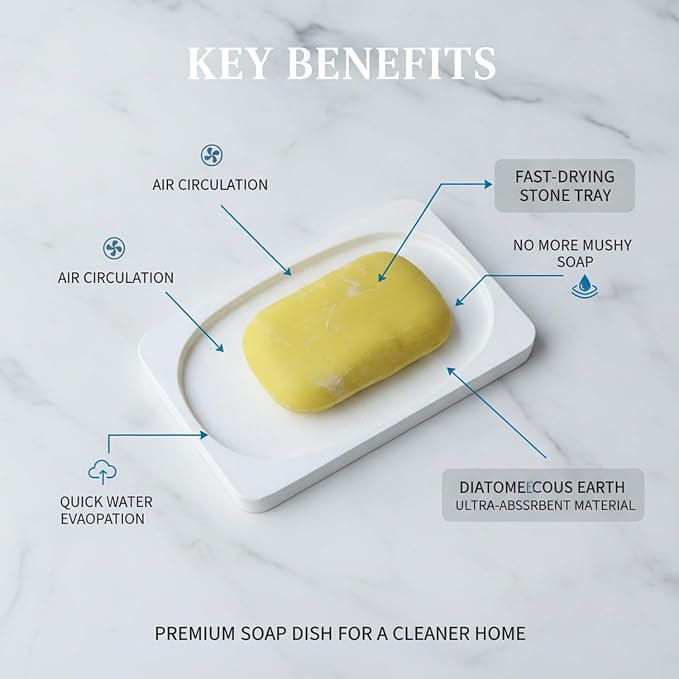 Diatomaceous Earth Soap Dish, Fast-Drying Stone Tray for Bar Soap, White (1 PC)