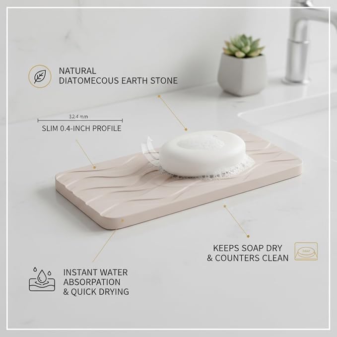 Diatomaceous Earth Soap Dish, Rectangular Stone Bar Soap Holder for Bathroom Sink & Shower, Absorbent Tray (8.7 x 3.5 Inch)