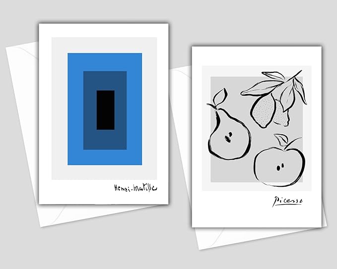 Matisse & Picasso Greeting Cards - Set of 10 All Occasion 5x7 Note Cards with Envelopes. Blank Inside. Assorted Modern Abstract Minimalist Designs.