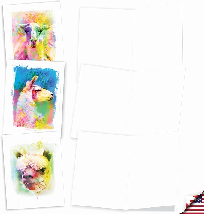 The Best Card Company Assorted Animal Watercolor Blank Greeting Card Box Set - Incl. 10 Unique Notecards Designs + Envelopes for Thank You, Invitations - Funky Rainbow Llamas AM6862OCB-B1x10