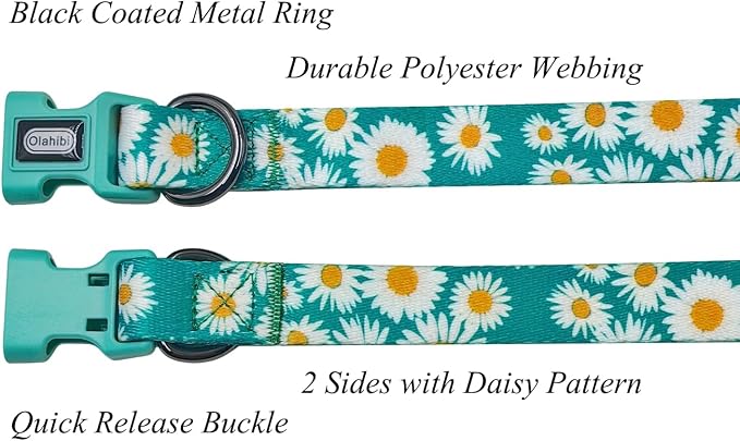 Dog Collar and Leash Set, Cute Daisy Pattern, Polyester Material, 5ft Leash, for Small Dogs.(Small,Green Daisy)