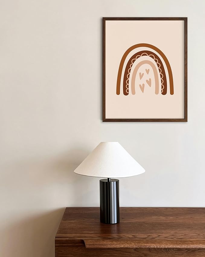 Boho Nursery Rainbow Wall Art with Hearts Earth Tones Terracotta Brown Scandi Minimalist Style 8x10 Inch Oak Wood Walnut Framed Playroom Decor Print for Kids Room