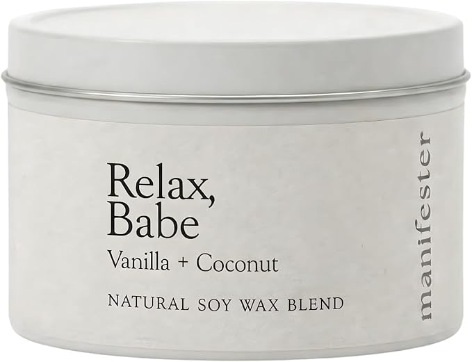 Natural Soy Wax Candle with Mantra – Clean Burn 100% Cotton Wick (No Lead or Zinc) – Phthalate-Free & Paraben-Free – Long-Lasting – Gift for Women – 6 oz (Relax, Babe Vanilla + Coconut)