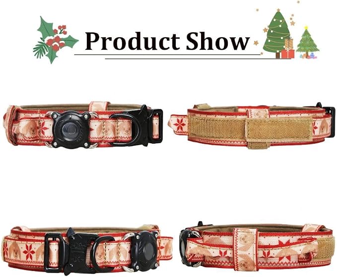 Christmas Tactical Dog Collar with Airtag Holder Waterproof Dog Airtag Collar with Control Handle Adjustable Heavy Duty Dog Collars(Christmas Red，XL