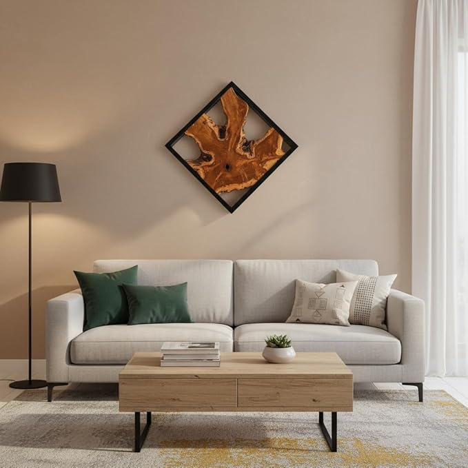 Warmaxx Teak Wood Wall Art 16.9"x16.9" Rustic Farmhouse Natural Wood Decor Home Office Dorm Square Handmade Live Edge Brown Wooden Wall Décor Living Room Bedroom Hallway
