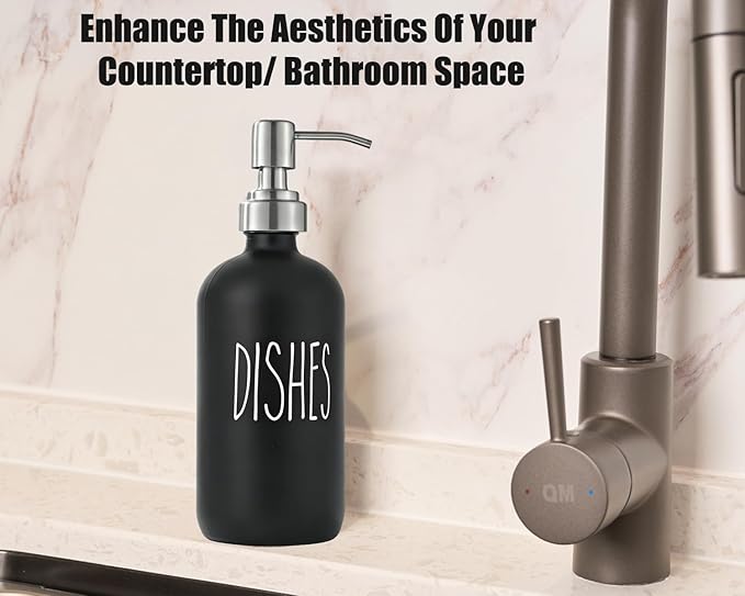 Black Glass Soap Dispenser with Stainless Steel Pump, Farmhouse Style Hand & Dish Soap Dispenser for Bathroom and Kitchen Sink, Soap Dispenser for Kitchen Sink (Black d)
