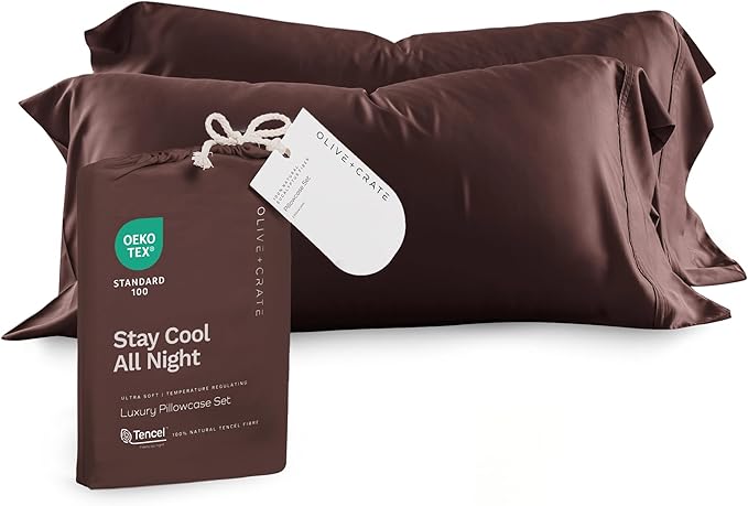 Olive + Crate Tencel Eucalyptus Pillowcases - 100% Tencel Lyocell Cooling Pillow Cases for Hot Sleepers - Hypoallergenic, Moisture-Wicking, Silk Alternative, Vegan - Queen Size Set of 2 - [Cacao]