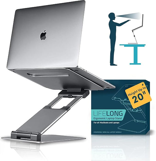 Lifelong Aluminum Adjustable Laptop Stand, Extra Tall 20" Riser, Grey | Ergonomic Portable Foldable Computer Stand, Fits 10-17” Laptops for Office Meetings, Teamwork & Desk Setup