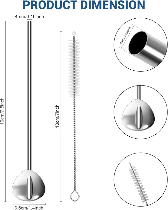 7.5 in Metal Spoon Straws, 6 Pcs Stainless Steel Spoon Straws Reusable, 2 in 1 Drinking Straw and Spoon, Straight Metal Straw with 2 Cleaning Brushes for Tea Coffee Milkshake Cocktail(Silver)