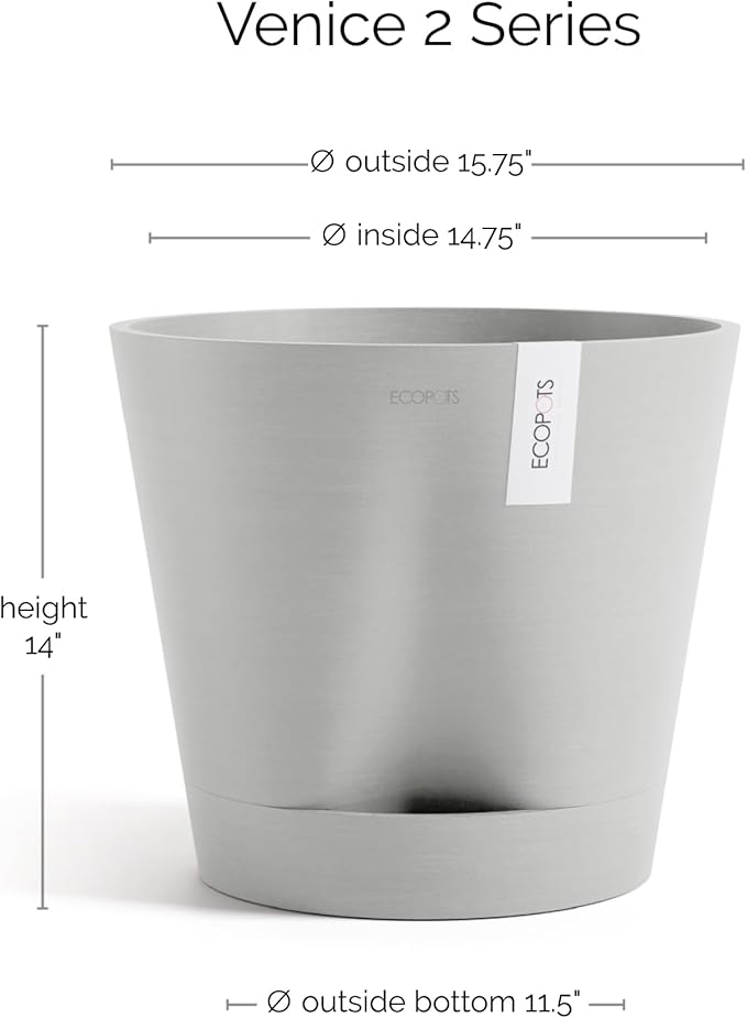 Ecopots Venice 2 Durable Modern Round Indoor/Outdoor Recycled-Based Composite Flower Pot Planter w/Water Reservoir, White Grey, 16"