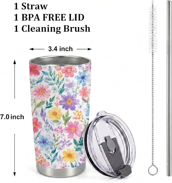 Stainless Steel Flower Cup with Lid, Women Birthday Gifts for Mom Friend Coworkers Teacher Sister Girlfriend Her, 20oz Vacuum Insulated Wine Tumbler, Coffee Travel Mug for Thanksgiving Christmas