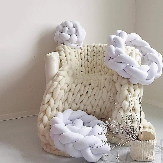 Chunky Knit Blanket Hand Made Merino Wool Throw Boho Bedroom Sofa Home Decor Giant Yarn(Ivory White 40"x40")