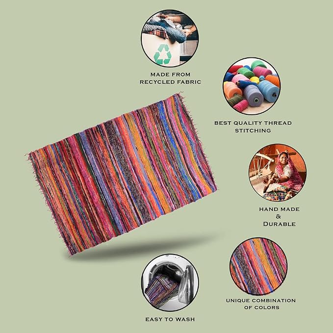 Chindi Cotton Rag Rugs 100% Eco-Friendly, 2-in-1 Reversible Multipurpose, Multicolor Hand-Woven Traditional Rugs (5ft X 3ft) for Living Room & Kitchen - Pink