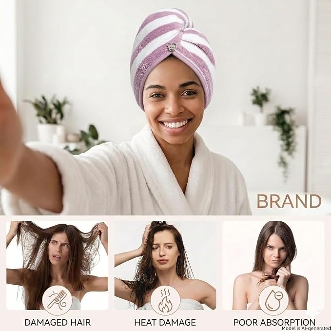 3 Pack Microfiber Hair Towel Wrap for Women, Fast Drying Hair Turban with Button, Anti-Frizz Large Hair Towel for All Hair Styles, Soft & Absorbent Hair Drying Towel