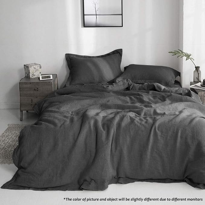 Simple&Opulence 100% Linen Duvet Cover Set with Embroidery Washed - 3 Pieces (1 Duvet Cover with 2 Pillow Shams) with Button Closure Soft Breathable Farmhouse - Dark Grey, King Size
