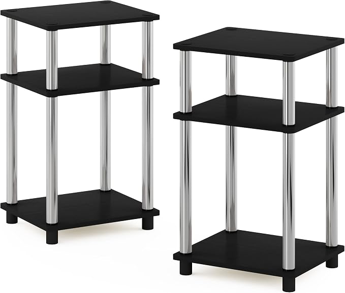 Furinno JUST Side Table Set of 2, 3-Tier Modern End Tables, Open Shelves Night Stand, Nightstand Set, Toolless Assembly, for Living Room, Bedroom, Americano/Stainless Steel
