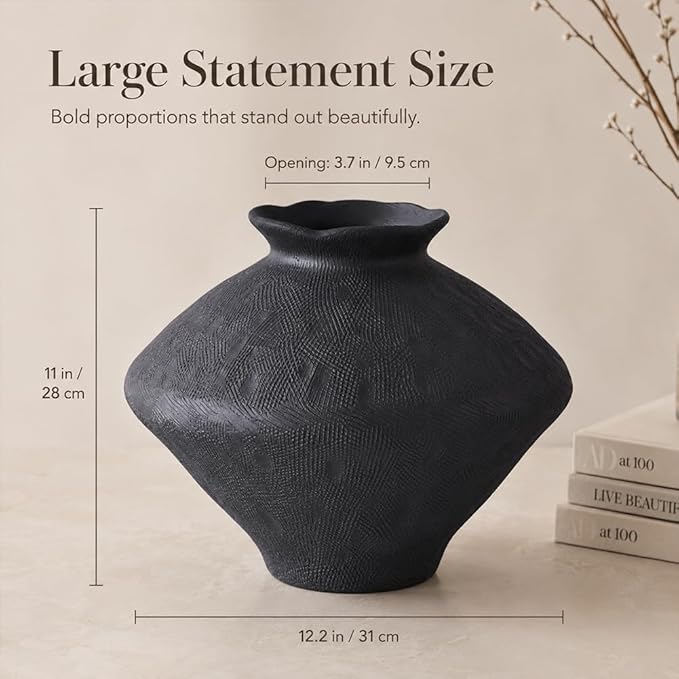 Large Wabi Sabi Black Vintage Ceramic Vase, 11" Rustic Pottery Vase for Centerpieces, Wabi Sabi Decor Flower Vases for Table, Living Room, Bedroom, Bathroom, Kitchen, Farmhouse Home Decor Gifts