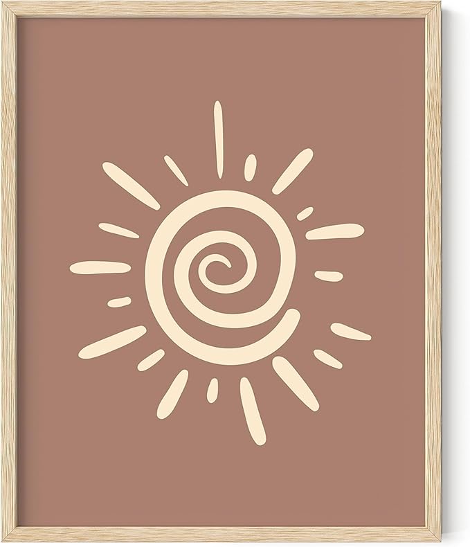 Abstract Spiral Sun Wall Art Swirl Sunburst Print Earth Tones Terracotta Tan Mid Century Modern 8x10 Inch Oak Wood Beige Framed Tribal Boho Decor for Living Room