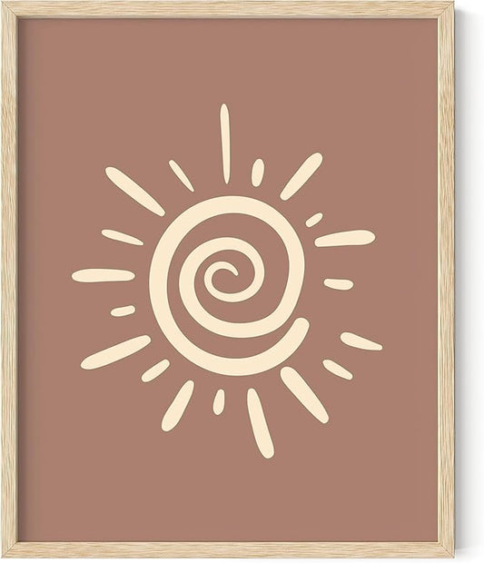 Abstract Spiral Sun Wall Art Swirl Sunburst Print Earth Tones Terracotta Tan Mid Century Modern 8x10 Inch Oak Wood Beige Framed Tribal Boho Decor for Living Room