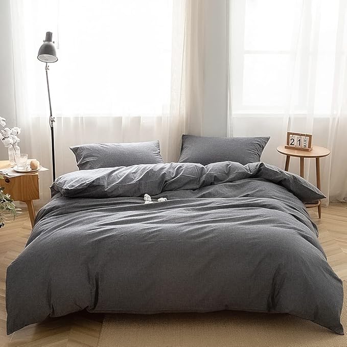 FACE TWO FACE Bedding Duvet Cover Set100% Washed Cotton Duvet Cover Linen Like Textured Breathable Durable Soft Comfy (King, Gray)