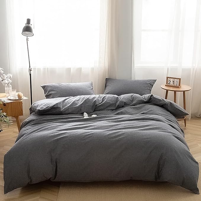 FACE TWO FACE Bedding Duvet Cover Set100% Washed Cotton Duvet Cover Linen Like Textured Breathable Durable Soft Comfy (Full, Gray)