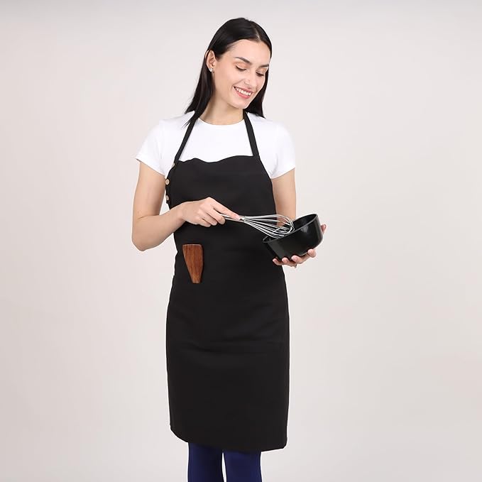 Kitchen Apron Waterdrop Resistant 2 Pack Cotton Apron with adjustable Aprons for Women with Pockets Cooking Apron Men Unisex (Black)