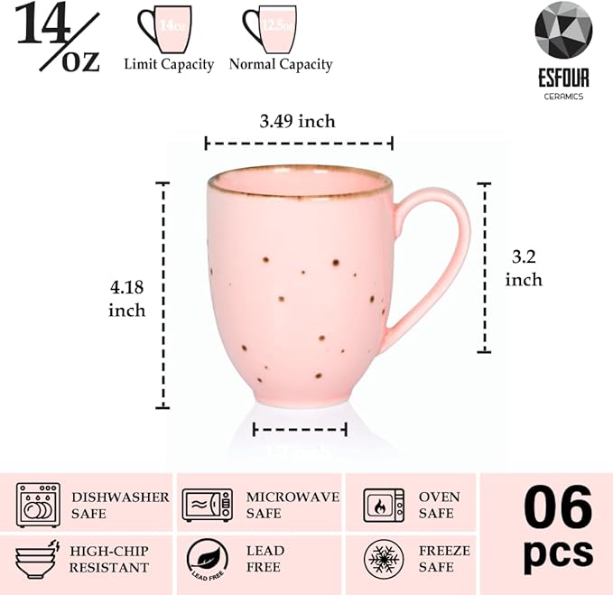 Esfour Ceramics Coffee Mugs Set Of 6, 14 Oz Large Handle Heavy Duty Cups - Microwave Dishwasher Safe - Latte, Cappuccino, Tea, Cocoa, Mocha - Men, Women, Home Office Daily Use, Blossom Assorted Colors