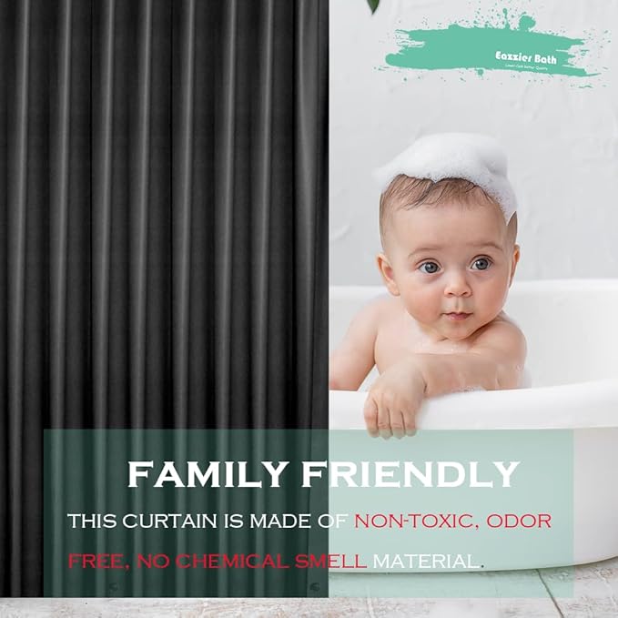Black Plastic Shower Curtain Liner, 72x72 Inch Thin Lightweight Black Plastic Bathroom Shower Showroom Inner Curtain with Rustproof Metal Grommet Holes and Weighted Magnets