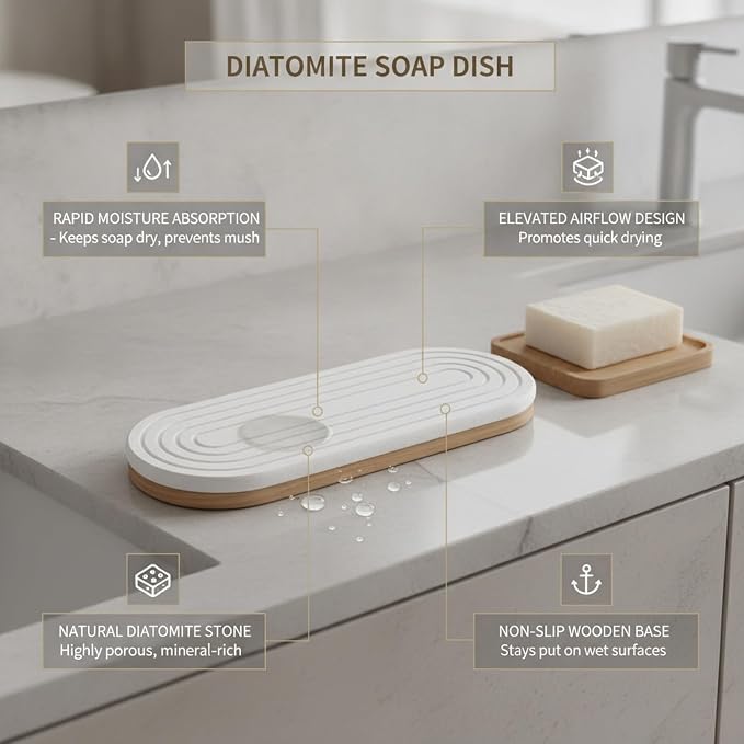 Bathroom Sink Counter Organizer, Diatomite Soap Dish with Wooden Stand, Stone Tray for Bar Soap (1 PC)