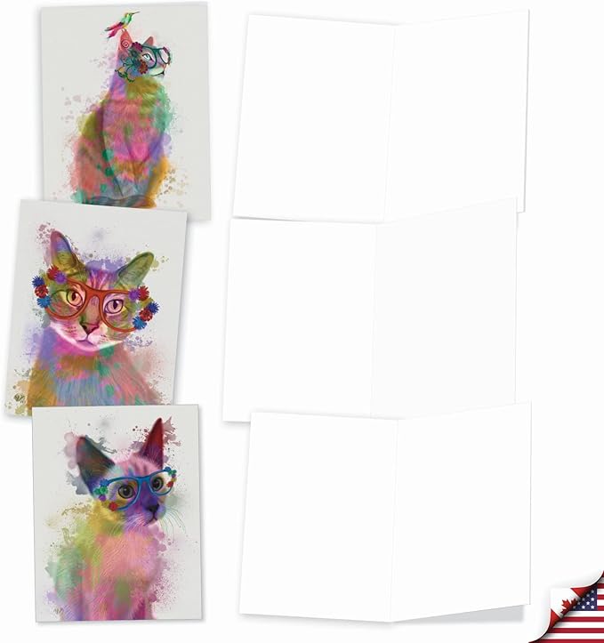 The Best Card Company - Assorted Kittens Watercolor Blank Greeting Box Set - Incl. 10 Unique Design Notecards + Envelopes for Thank You, Invitation - Funky Rainbow Cats AM6199OCB-B1x10