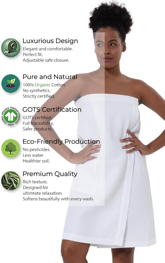 SEYANTE Women's Organic Waffle Spa Wrap, GOTS Certified 100% Turkish Cotton, Lightweight Bath Towel Wrap Adjustable Closure