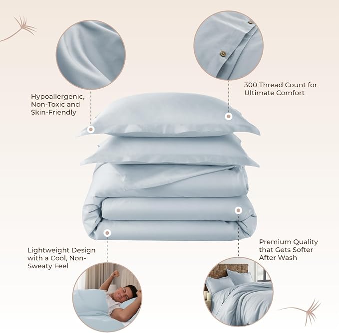 100% Organic Cotton Duvet Cover Twin Size - Naturally Soft Lightweight & Cooling Duvet Cover Set with Decorative Shams - Premium GOTS Certified 300 Thread Count Sateen Weave (Powder, Twin)
