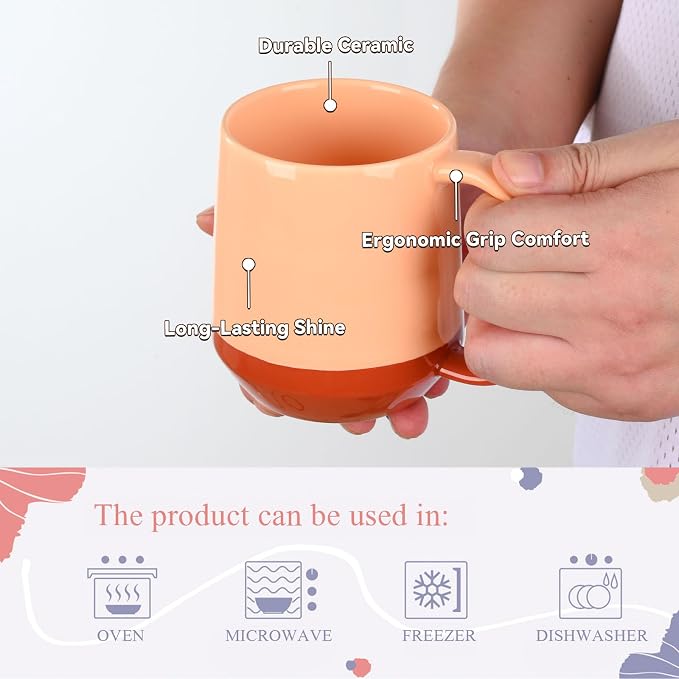 Miicol Ceramic Coffee Mug, 16 oz Large Coffee Cup, Tea Mug with Handle, Flat Bottom Mug for Men, Women, Office, Microwave and Dishwasher Safe, Multi-Color, Caramel Peach