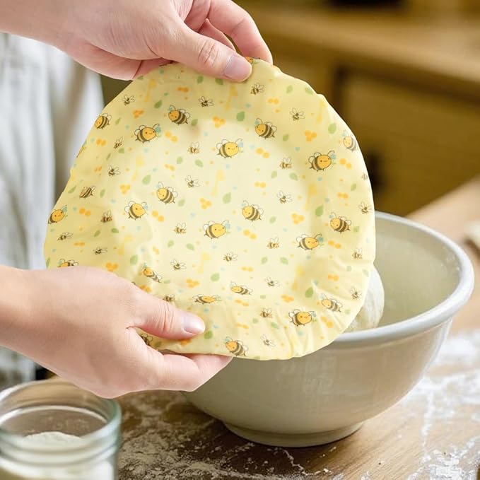 Reusable Beeswax Bowl Covers 4-Pack (6″ 8″ 10″ 12″), Elastic Cotton Food Storage Covers for Bread Proofing, Sourdough Dough & Containers