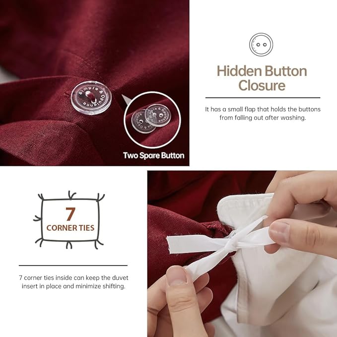 Simple&Opulence French Linen Duvet Cover Set 88" x 92"- 3 Pieces (1 Comforter Cover,2 Pillowcases)- Natural Flax Cotton Blend-Solid Color Breathable Farmhouse Bedding-Burgundy, Queen