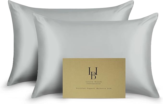 Pure Organic Silk Pillowcase Certified Organic 100% Pure Mulberry Silk Pillowcase 25 Momme Pillowcase (Gray, Queen, Pack of 2)