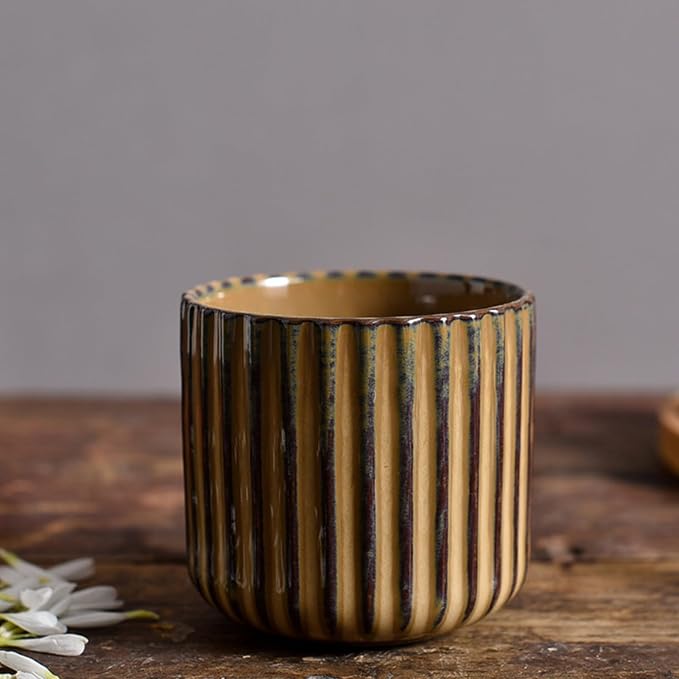 Vintage Ceramic Mug, Japanese Tea Cup 6oz Striped Cup No Handle Drinking Cup for Espresso, Cortado, Matcha, Green Tea, Microwave and Dishwasher Safe, Kiln Transformation Cup (Brown)