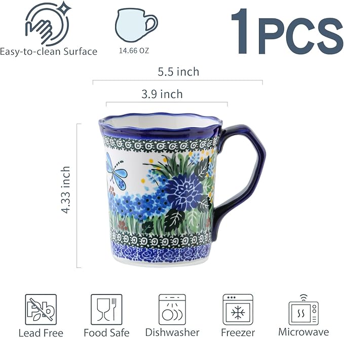 Ceramic Cup 13 oz, Handmade Premium Porcelain Mug for Coffee Americano Latte Cappuccino Milk Tea Cereal Cola Dishwasher Microwave Oven Safe Pottery Elegent Gift for Mother Girl Women