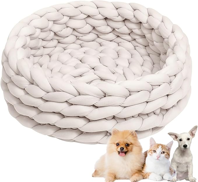 Woven Dog Bed Basket, Knitted Cotton Cat Bed Round Washable Woven Cat Pet Bed Chunky Dog Basket, Orthopedic, Chunky Knit Dog Nest,Dog Bed,Dog Cave,Dog Bedding(Beige,21")