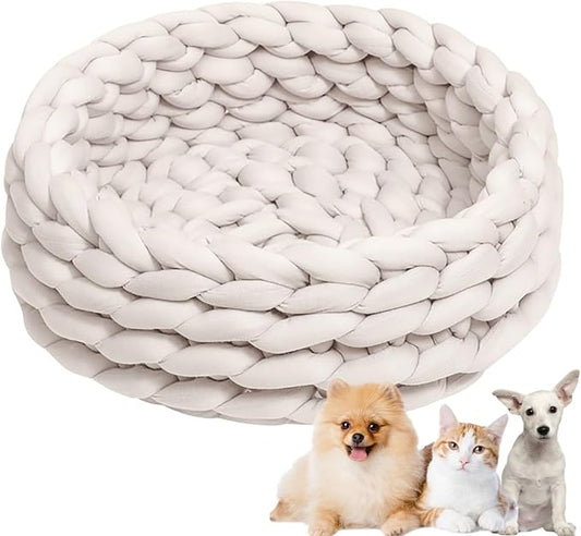 Woven Dog Bed Basket, Knitted Cotton Cat Bed Round Washable Woven Cat Pet Bed Chunky Dog Basket, Orthopedic, Chunky Knit Dog Nest,Dog Bed,Dog Cave,Dog Bedding(Beige,21")