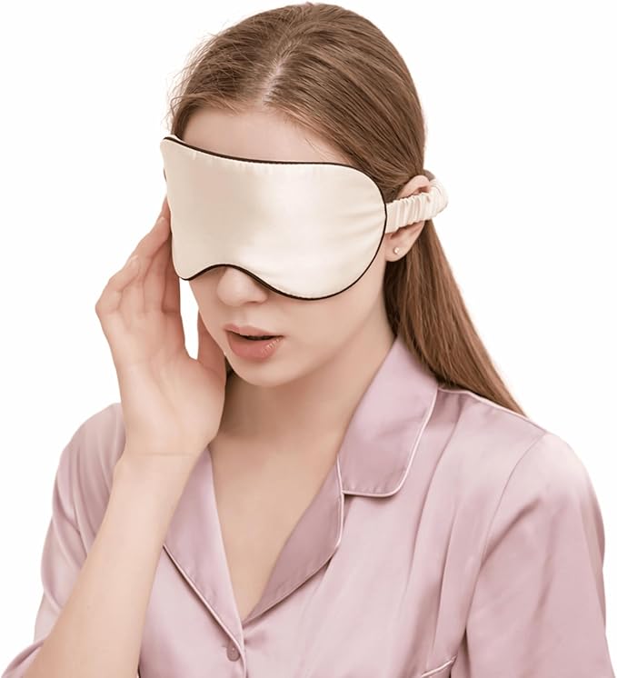 100% Mulberry Silk Sleep Mask for Women/Men Airplane Travel, Pure 22 Momme Silk Eye Mask Blackout for Sleeping, Ajustable, Luxury, Anti Wrinkle, Anti Aging Silk Blindfold, Made in USA (Champagne)
